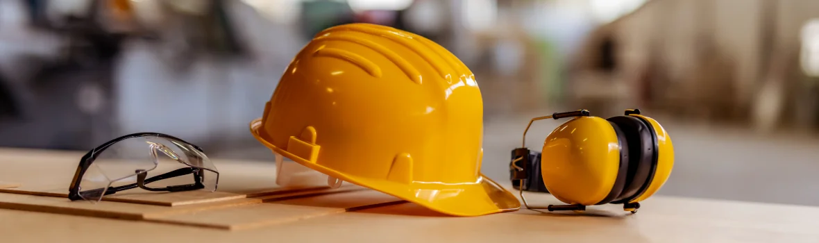 Schutzhelm mit Schutzbrille und Gehörschutz auf einem Tisch
