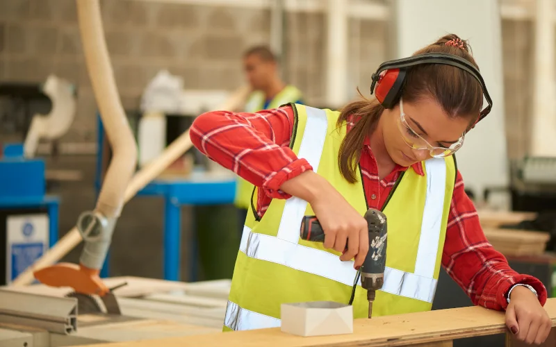 Auszubildende Tischlerin in einer Werkstatt am Arbeiten