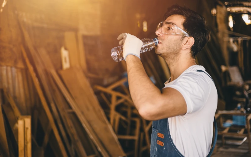 Handwerker steht in Werkstatt und trinkt aus einer Wasserflasche 