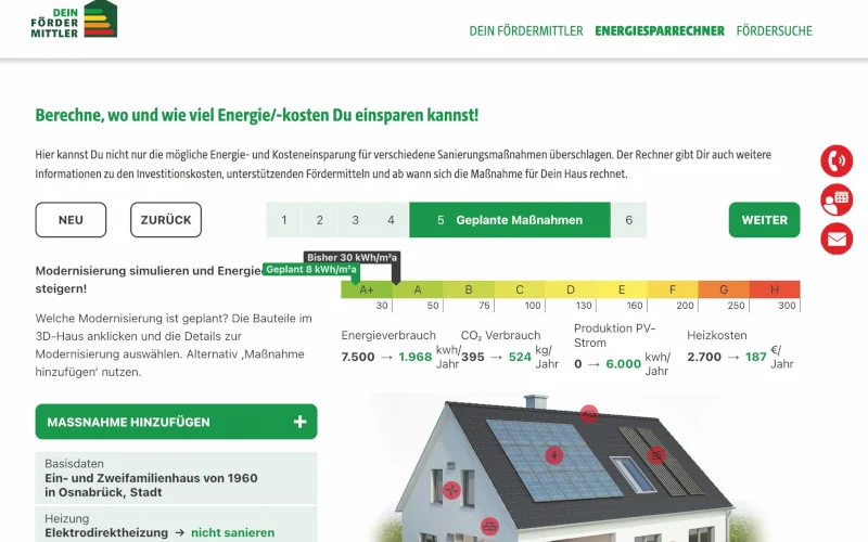 Ausschnitt aus einer Internetseite vom FÖRDERMITTLER mit verschiedenen Funktionen