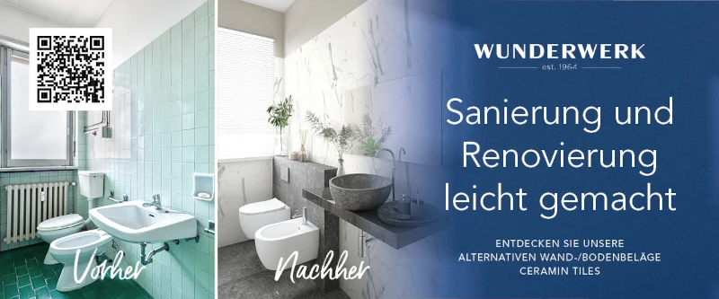 Vorher: grünes Badezimmer. Nachher: modernes, elegantes, graues Badezimmer. Renovierung.