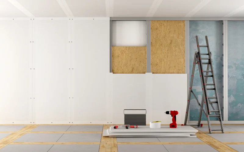 Trockenbauwand mit Werkzeug und Leiter.