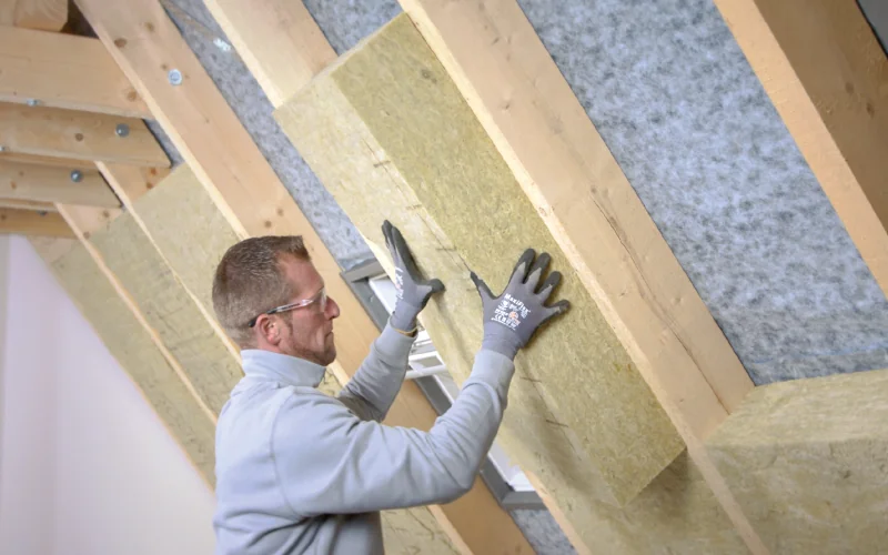 Arbeiter drückt Dämmplatten in Holzrahmen im Dachstuhl