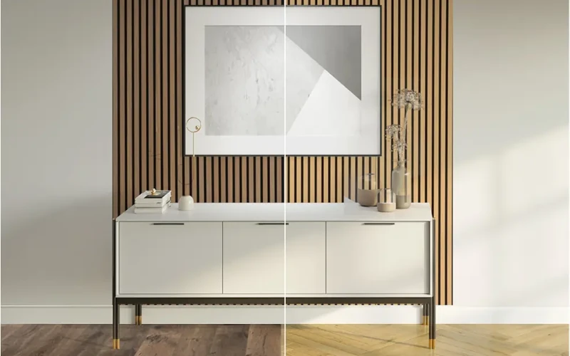Modernes Wohnzimmer mit Holzpaneele und Sideboard.