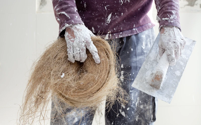 Handwerker mit Kelle und Naturfasern zur Wandverarbeitung.
