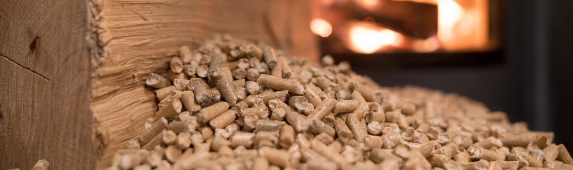 Das Bild zeigt eine Nahaufnahme von Holzpellets vor einem brennenden Ofen oder Kamin. Es vermittelt Wärme, Gemütlichkeit und passt gut zu Themen wie nachhaltigem Heizen oder Pelletöfen.