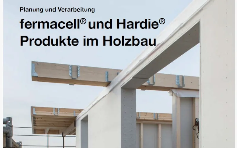 Deckblatt einer Planungsunterlage. Planung und Verarbeitung fermacell und Hardie Produkte im Holzbau