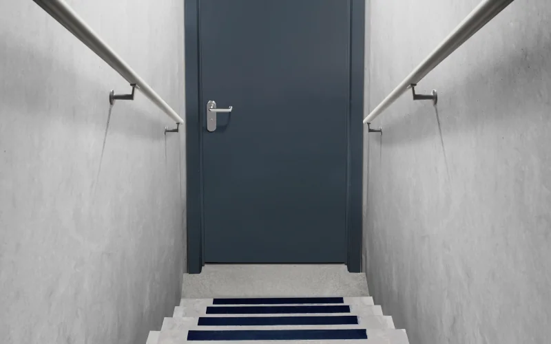 eine Treppe führt zu einer anthrazitfarbenen Sicherheitstüren 
