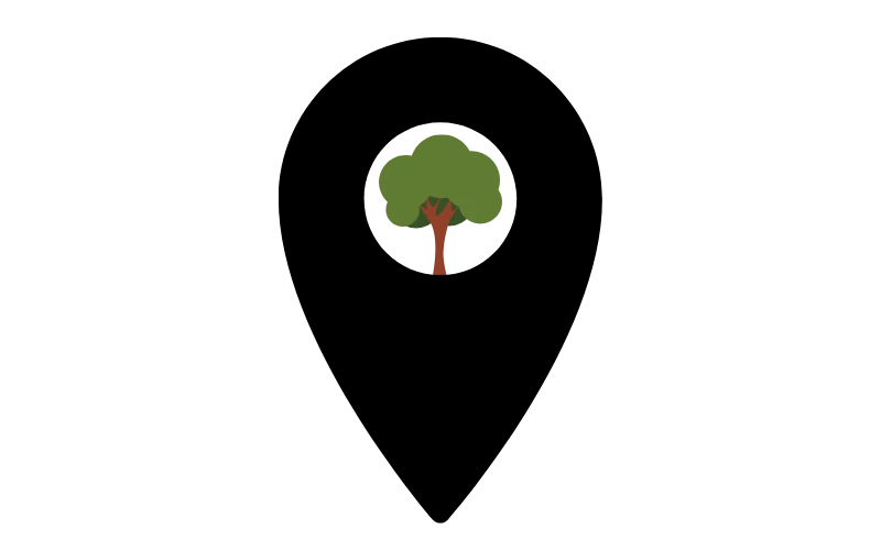 Symbol eines Standortmarkers mit Baum im Inneren.