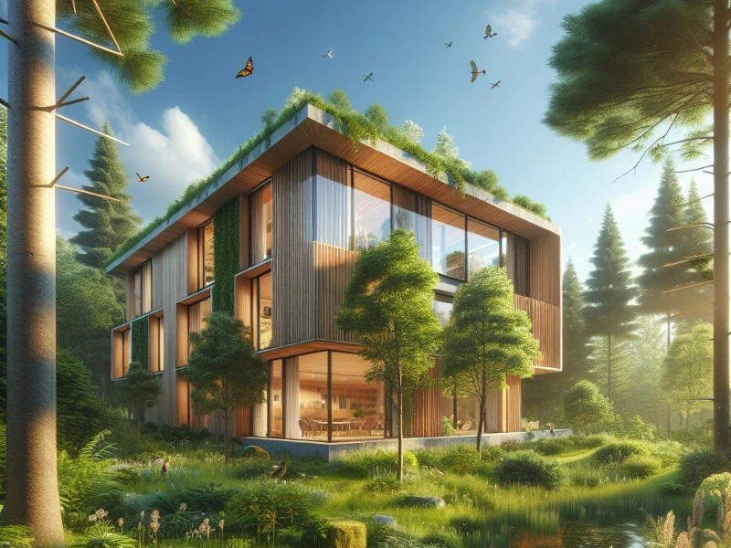 Ein modernes Haus in Holzbauweise im Wald. Die Fassade ist aus Holz. Es gibt viele raumhohe Fenster.