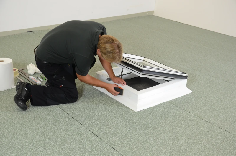 Handwerker bearbeitet ein Dachfenster auf einem Flachdach 