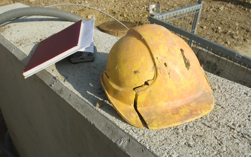 ein kaputter Helm liegt auf einer mauer