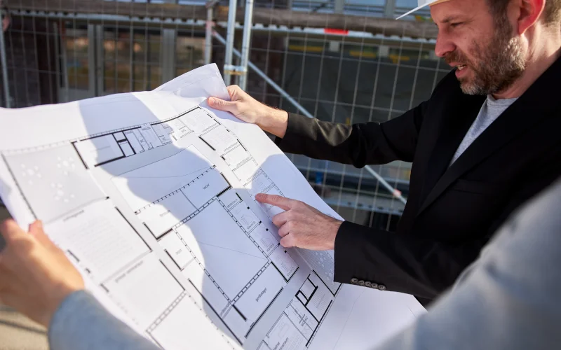 zwei Architekten unterhalten sich über vorliegenden Plan