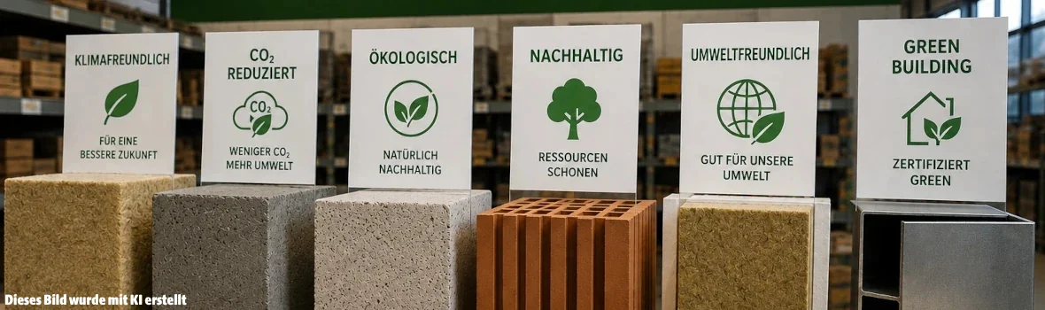 KI generiertes Bild: Verschiedene Bauprodukte mit unechten Ökolabeln stehen nebeneinander.