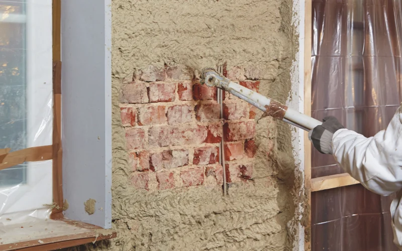 Handwerker verteilt braune Masse mit einem Schlauch an der Wand