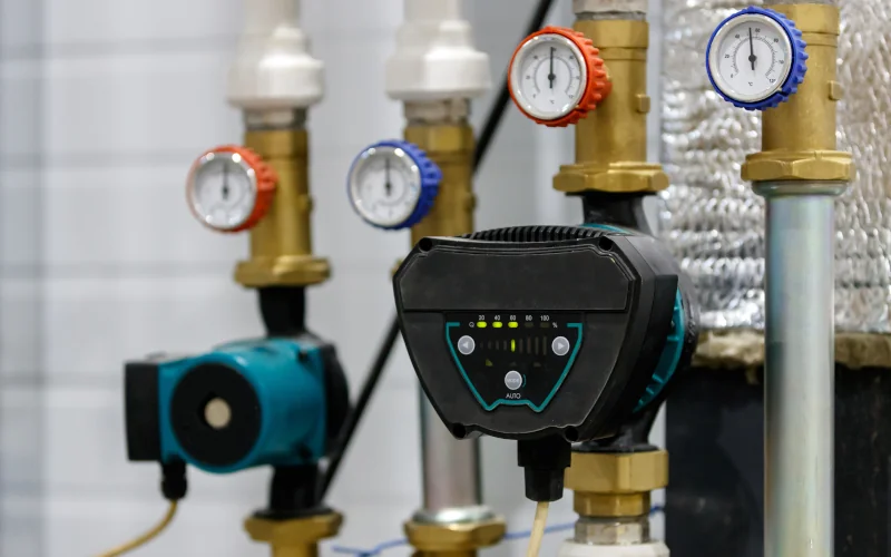vier Heizungsleitungen mit Pumpen, Manometern und isolierten Rohren