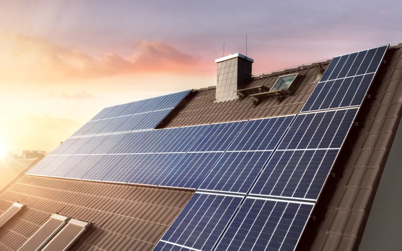 PV-Anlage auf dem Hausdach mit Sonnenlicht