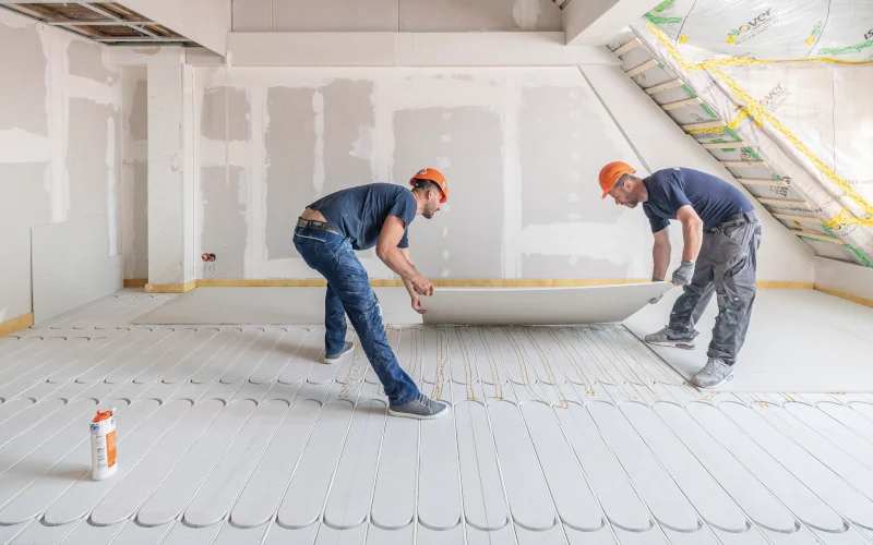 zwei Handwerker verlegen Bodenplatten auf Fußbodenheizung