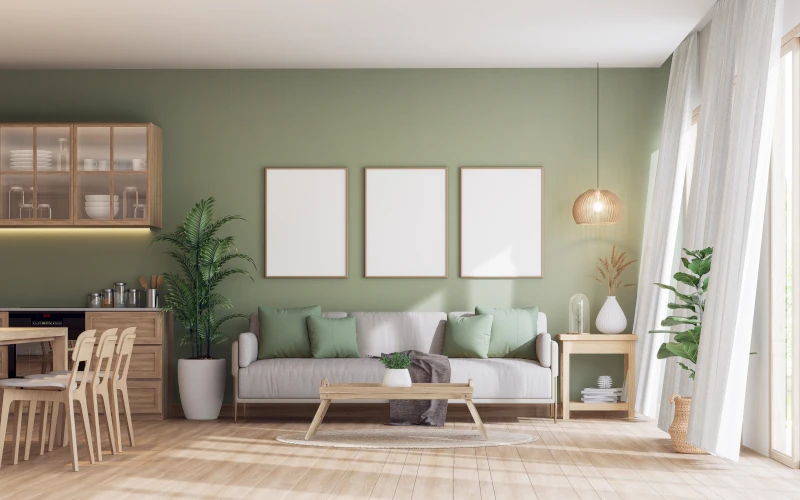 Helles Wohnzimmer mit grüner Wand und Sofaecke.