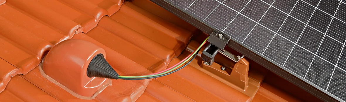 rotes Dach mit eingebauter Solaranalage auf den Ziegeln mit Stromanschluss 