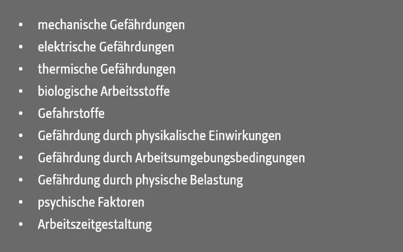 mechanische Gefährdungen, elektrische Gefährdungen, thermische Gefährdungen, biologische Arbeitsstoffe, Gefahrstoffe, Gefährdung durch physikalische Einwirkungen, Gefährdung durch Arbeitsumgebungsbedingungen, Gefährdung durch physische Belastung, psychische Faktoren, Arbeitszeitgestaltung 