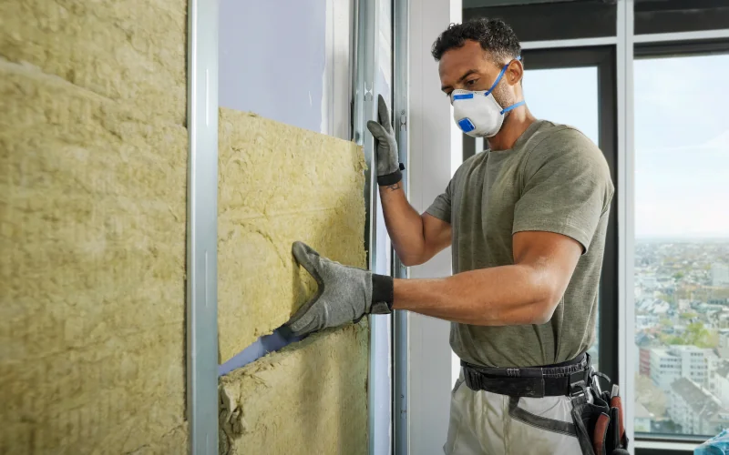 Handwerker legt Feuerschutzdämmplatten in Konstruktion an der Hauswand