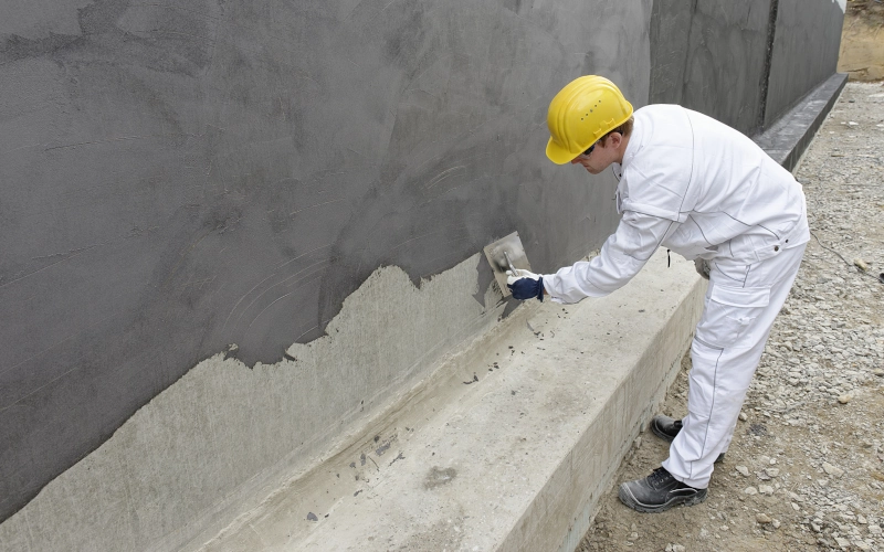 Handwerker dichtet eine Wand mit Abdichtungsmasse ab