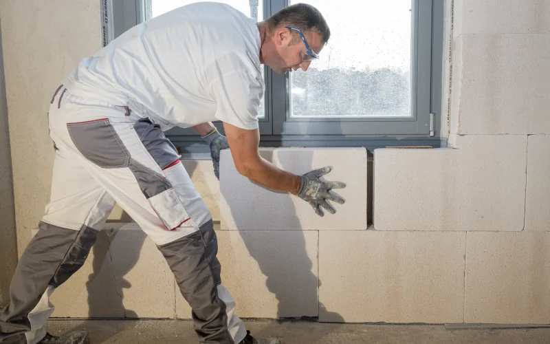 Handwerker bringt Mineraldämmplatten an der Innenwand an