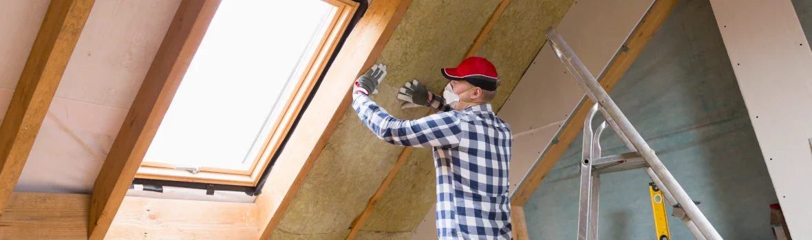 Handwerker bringt Dämmplatten in Holzkonstruktion am Dach an