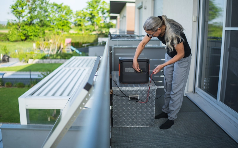 Frau steckt Kabel vom Solarpanel in wiederaufladbares tragbares Kraftwerk auf Balkon ein