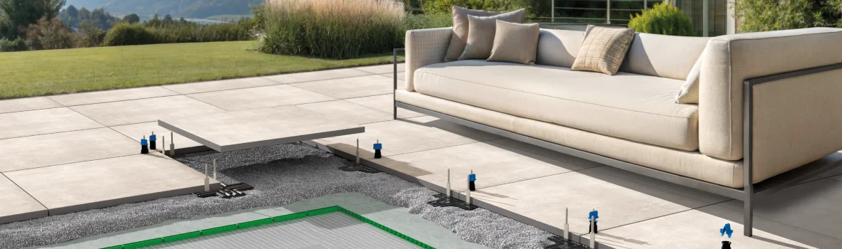 Terrasse mit Fliesen und Konstruktion darunter zum Absickern von Wasser