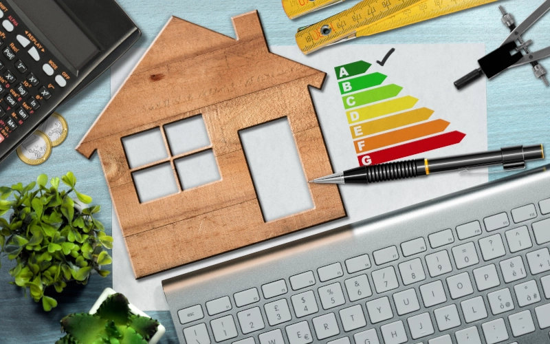 Energieeffizienz-Bewertungsdiagramm auf einem Schreibtisch mit einem Holzhausmodell, Taschenrechner, Gliedermaßstab, Zirkel, Bleistift und einer Computertastatur