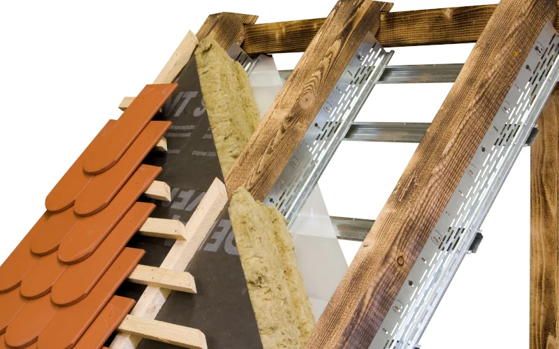 Aufbau eines Daches mit Fachwerk, Nivelliersystem und Dachbedeckung