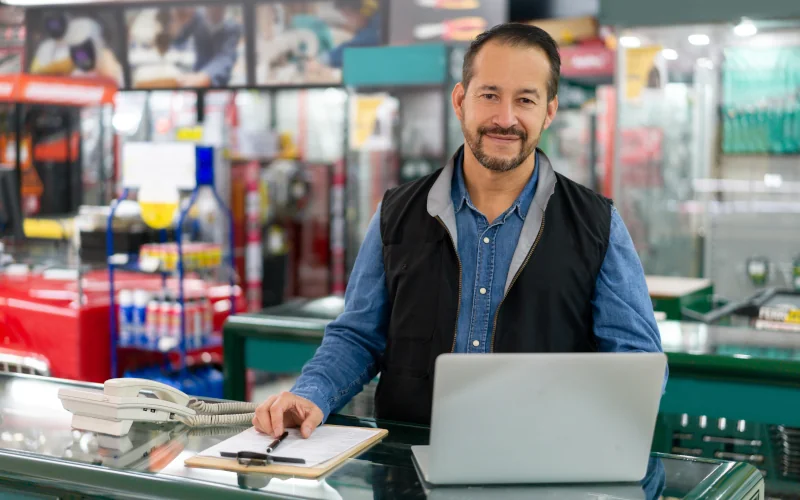 Ein Mann, der an hinter Tresen in einem Baumarkt steht. Vor ihm ist ein Notebook, eine Telefon und ein Mäpchen mit einem Stift.