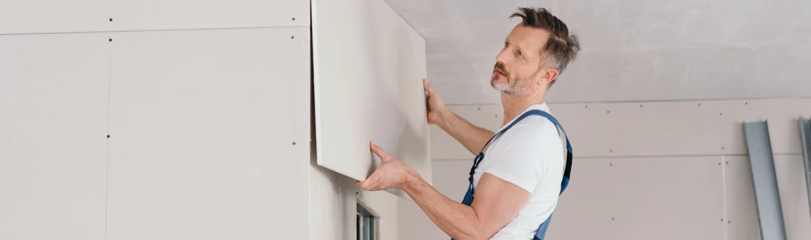Mann bringt eine Gipsplatte an der Wand an