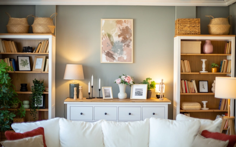 Ein stilvolles und gemütliches Wohnzimmer mit Bücherregalen, einem bequemen Sofa und geschmackvollen Dekorationen, das eine einladende Atmosphäre schafft
