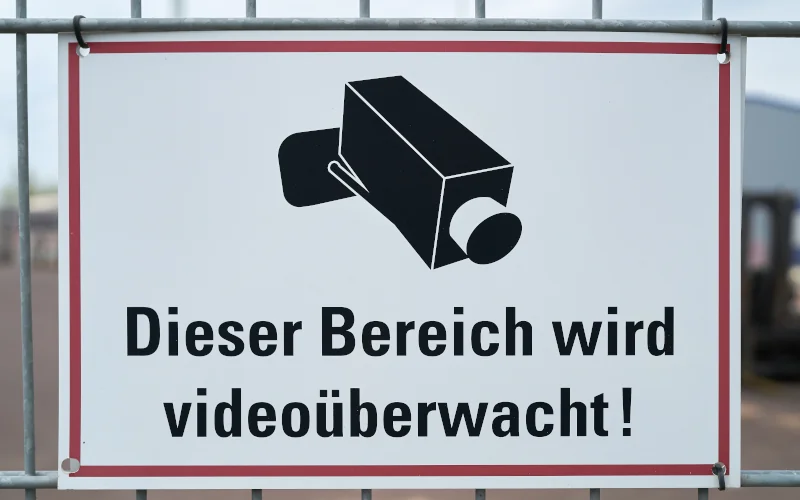 Schild mit Hinweis auf Videoüberwachung an einem Zaun