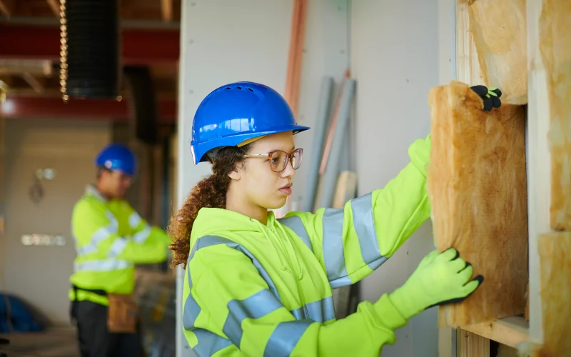 Auszubildende legt Dämmstoff in die Holzkonstruktion an der Wand
