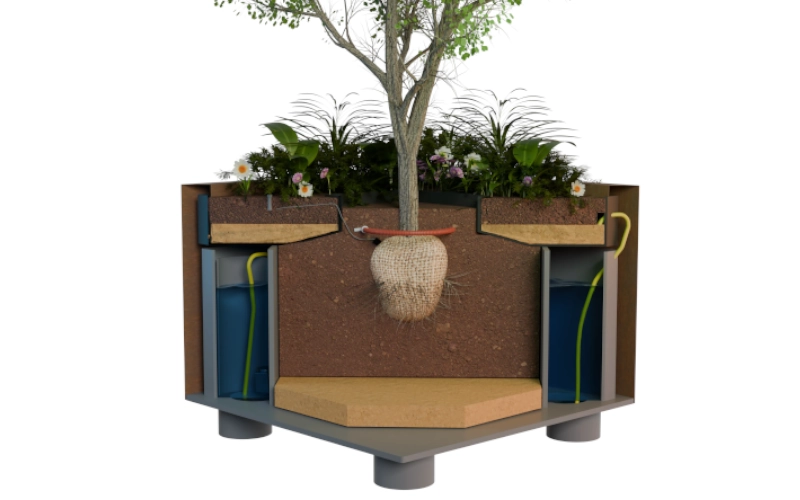 Grafik mit Innenansicht der ACO ClimateBoxx Kombi – Baum + Pflanzen in der Größe 1.500 x 1.5000 x 1.200 mm mit ca. 1.000 Liter Wasserspeicher