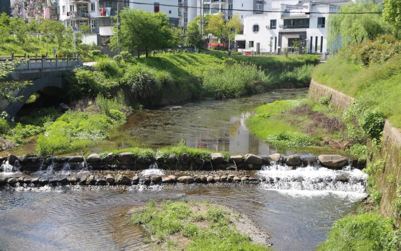 Städtischer Bach mit kleinem Steinwehr, grasbewachsenen Ufern, einer Brücke und Wohnhäusern in der Nähe