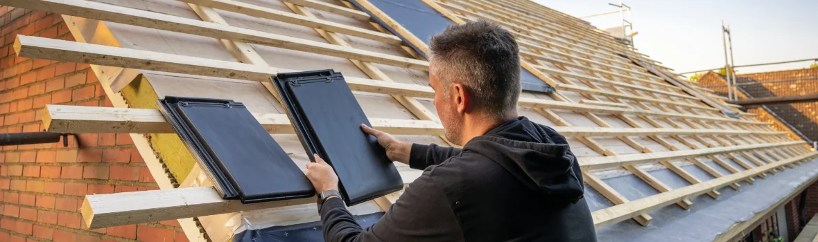 Arbeiter bringt Wärmeschutz auf Dachkonstruktion an 