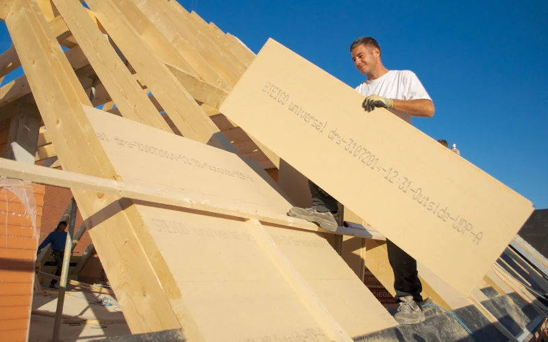 Arbeiter steht auf einem Dach und deckt die Holzrahmen mit Unterplatten ein