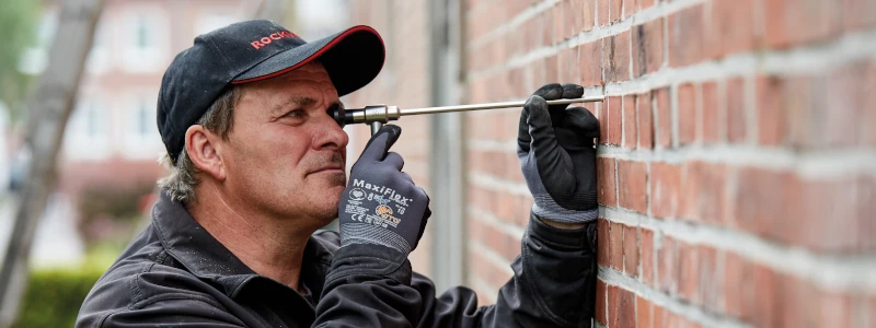 Mann prüft mit Messgerät in die Fugen einer Mauer