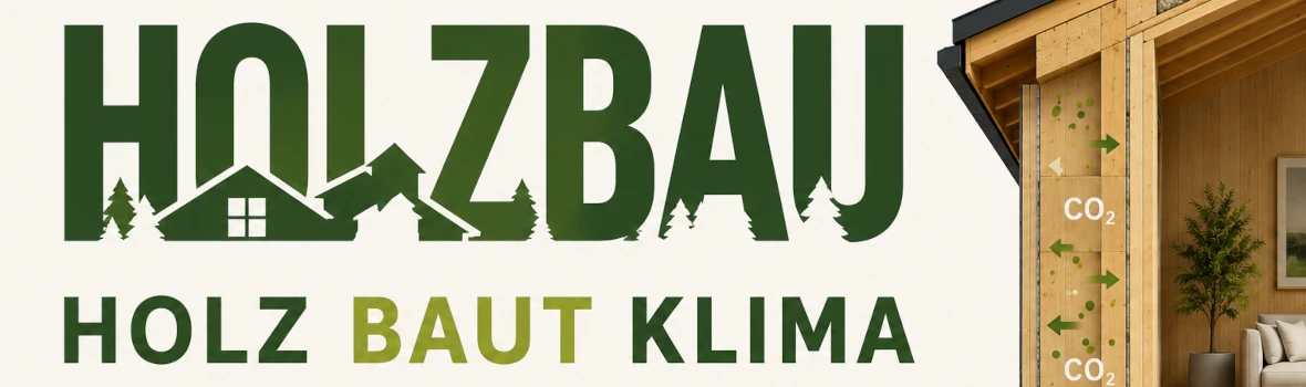 Der Schriftzug Holzbau, Holz baut Klima, links neben einer schematischen Zeichnung einer Holzbauwand, in der CO2 eingelagert ist.