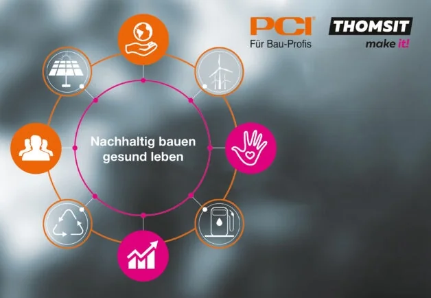 Label mit verschiedenen Symbolen für nachhaltiges bauen und gesundes Leben von der Firma PCI