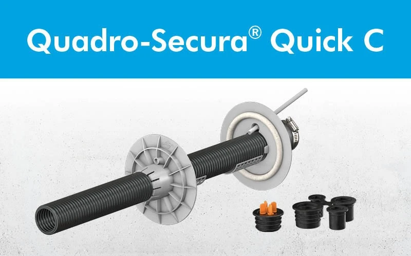 Das Bild zeigt eine vertikale Ansicht der Quadro-Secura® Quick C Rohrdurchführung, die einzeln und teilweise montiert dargestellt ist. Neben dem Rohr sind verschiedene Dichtungs- und Befestigungselemente abgebildet.