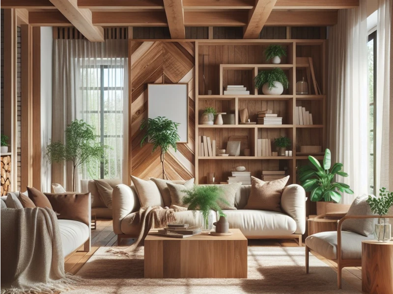 Ein gemütlich eingerichtetes Wohnzimmer mit vielen Holzelementen in einem modernen Holzbau.