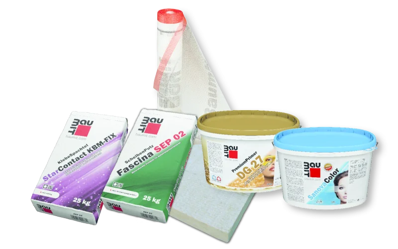 verschiedene Produkte von baumit nebeneinanderliegend