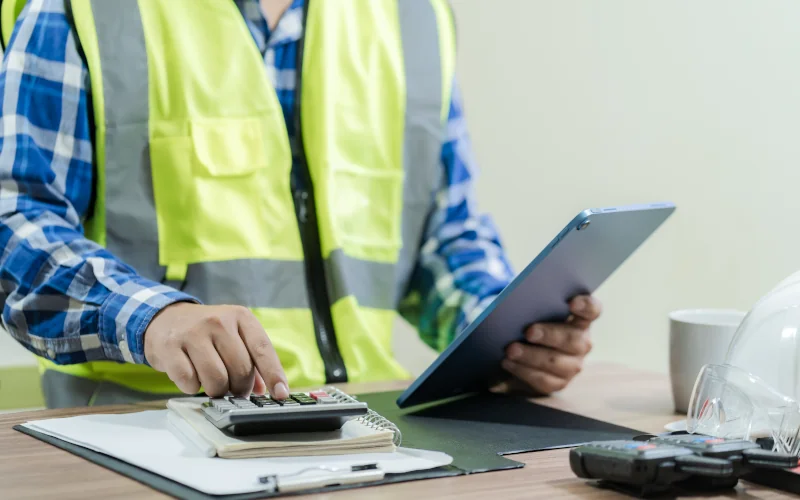 Handwerker sitzt am Schreibtisch mit einem Tablet und rechnet mit dem Taschenrechner