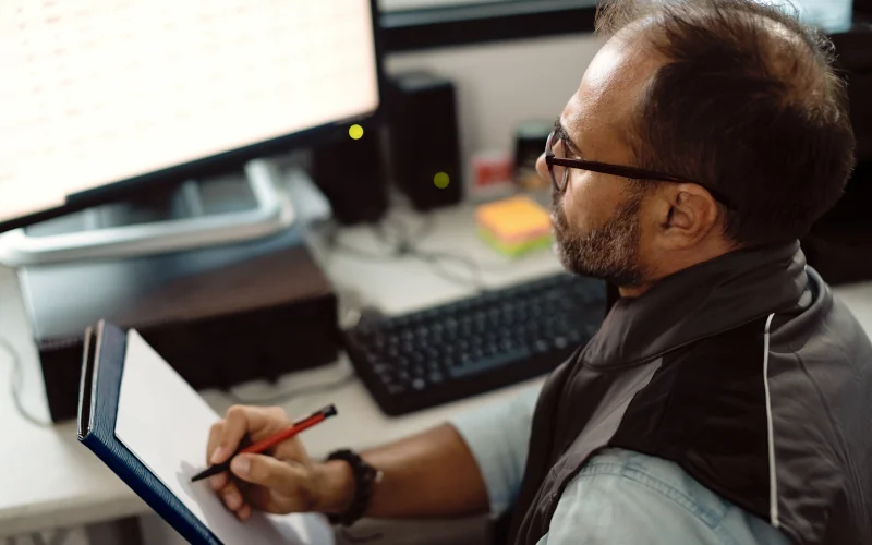 Handwerker prüft etwas auf seinem Klemmbrett mit Blick zum PC